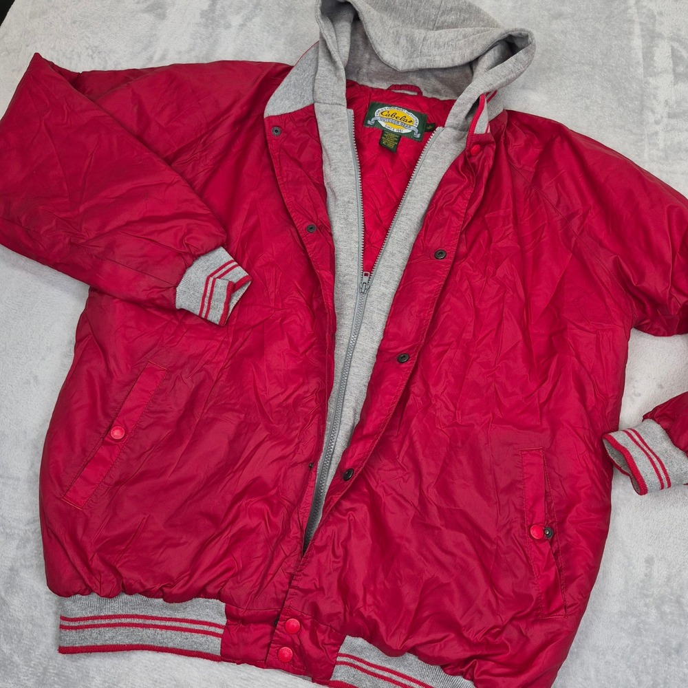 Vintage Cabelas Outdoor Gear Hooded Bomber Jacket Red Grey Quilted L Tall